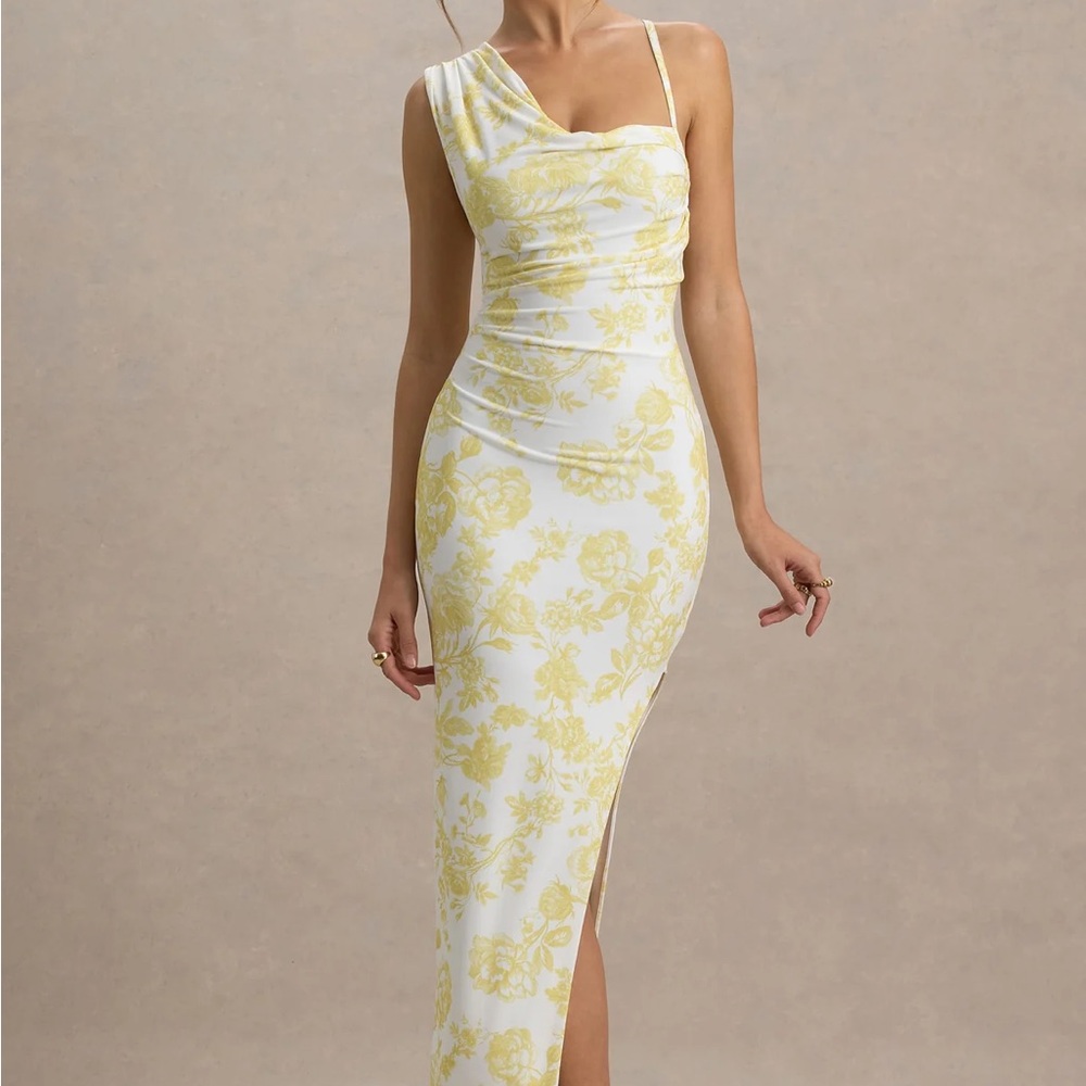Club L London LEMON PORCELAIN PRINT COWL-NECK MAXI DRESS